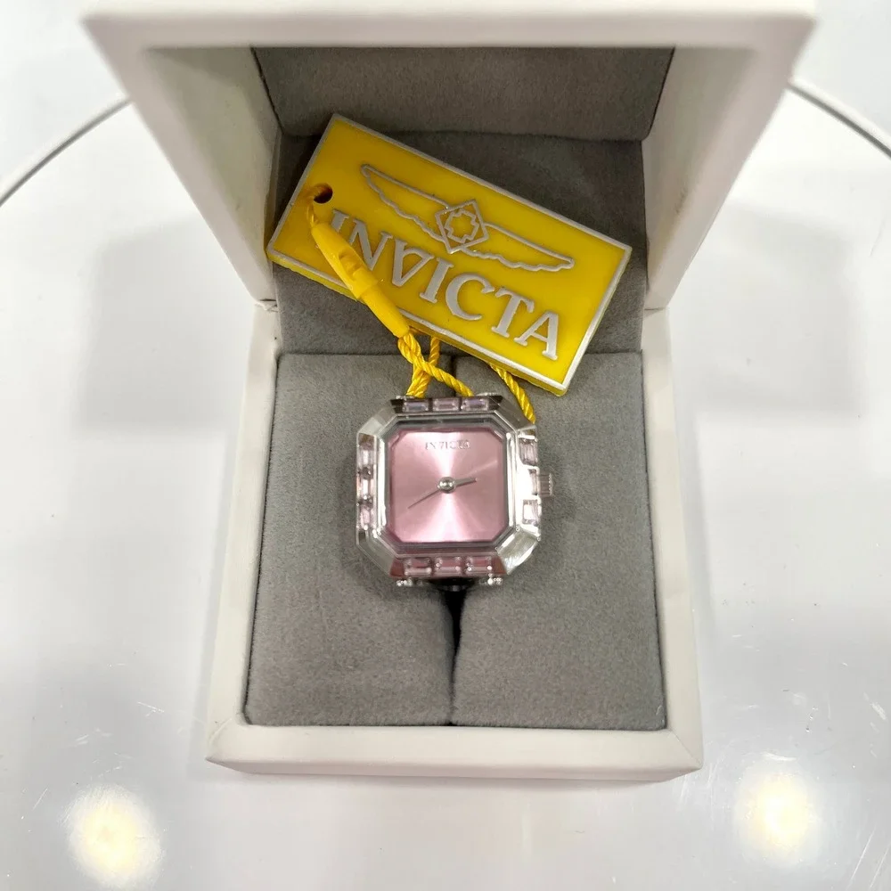 Invicta Angel 49581 Women Pink Dial Crystal Octagon Case Silver Tone Ring Watch
